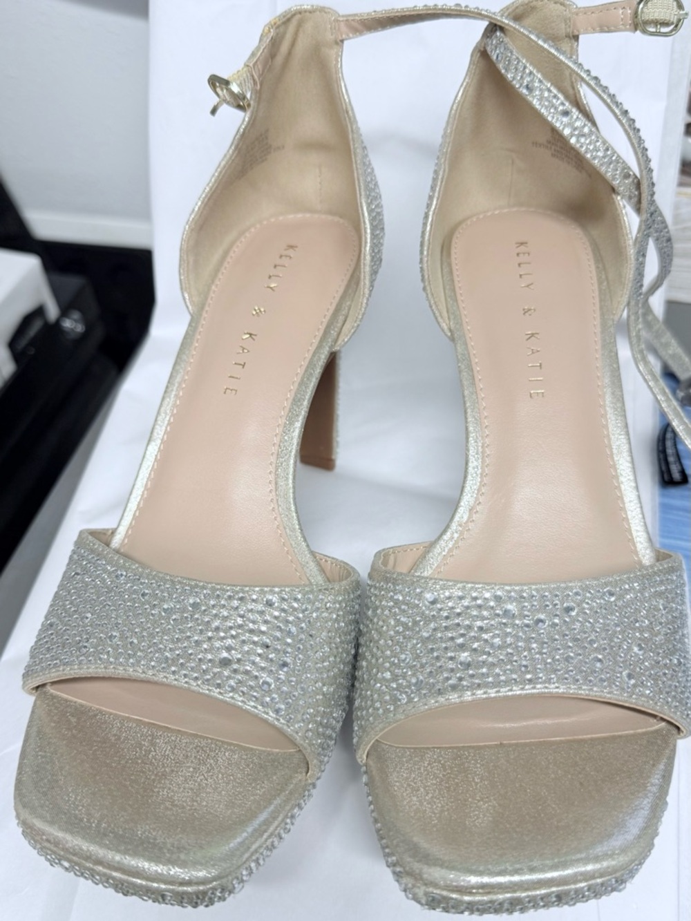 Kelly & Katie Metallic Silver Rhinestone Platform Ankle-Strap Heels